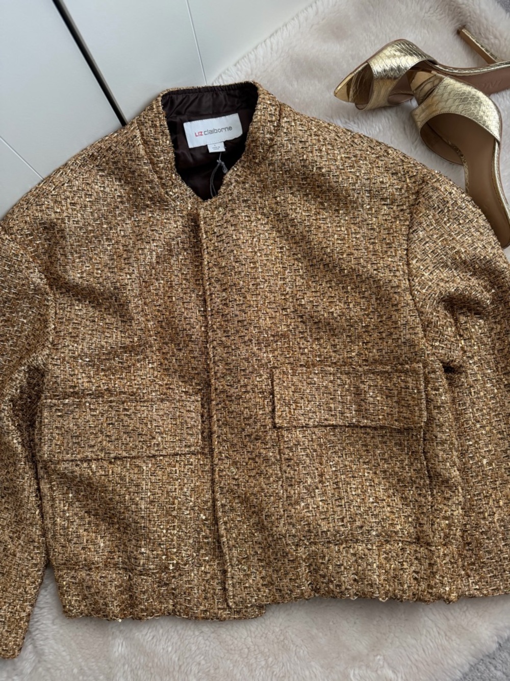 Liz Claiborne Gold Tweed Women’s Bomber Jacket - Picture 7 of 17